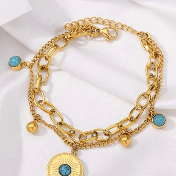 Gold Plated Stainless Steel Turquiose Layered Pendant Bracelet - Picture 2 of 2